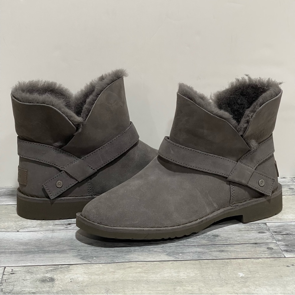 UGG Zariyah Boots Suede Shearling Ankle Booties - Charcoal Gray - Sz - 8.5